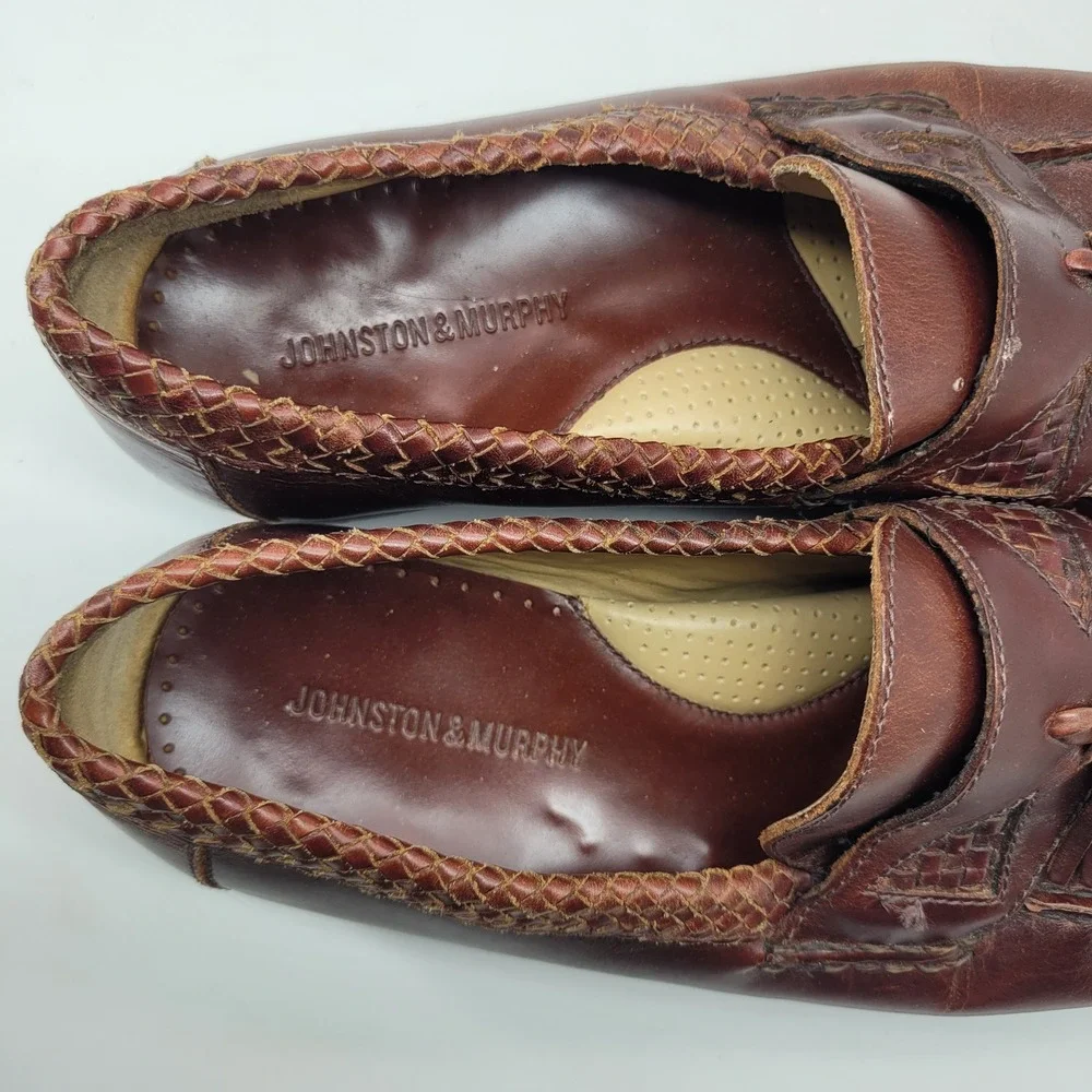 Johnston Murphy Mens 10M Brown Leather Tassel Loafers Woven Trim‎ Dress Shoes